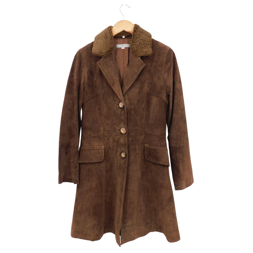 VTG‎ Bella Donna 100% Suede Leather Coat Shearling Collar Brown Women's Size 40